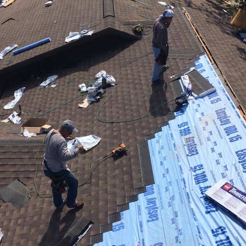 Roofers replace shingles.